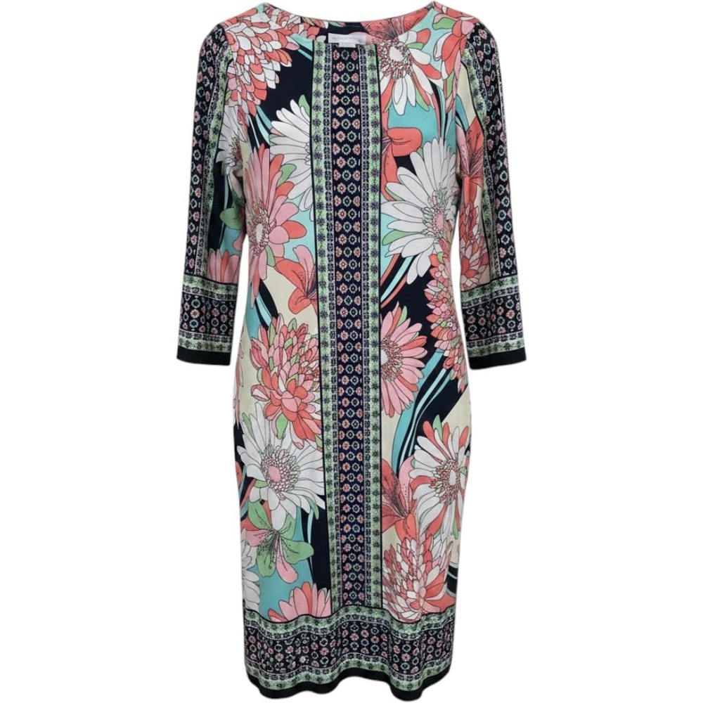 London Times Floral Border Print Sheath Dress Pink‎ Teal 3/4 Sleeve Size 4